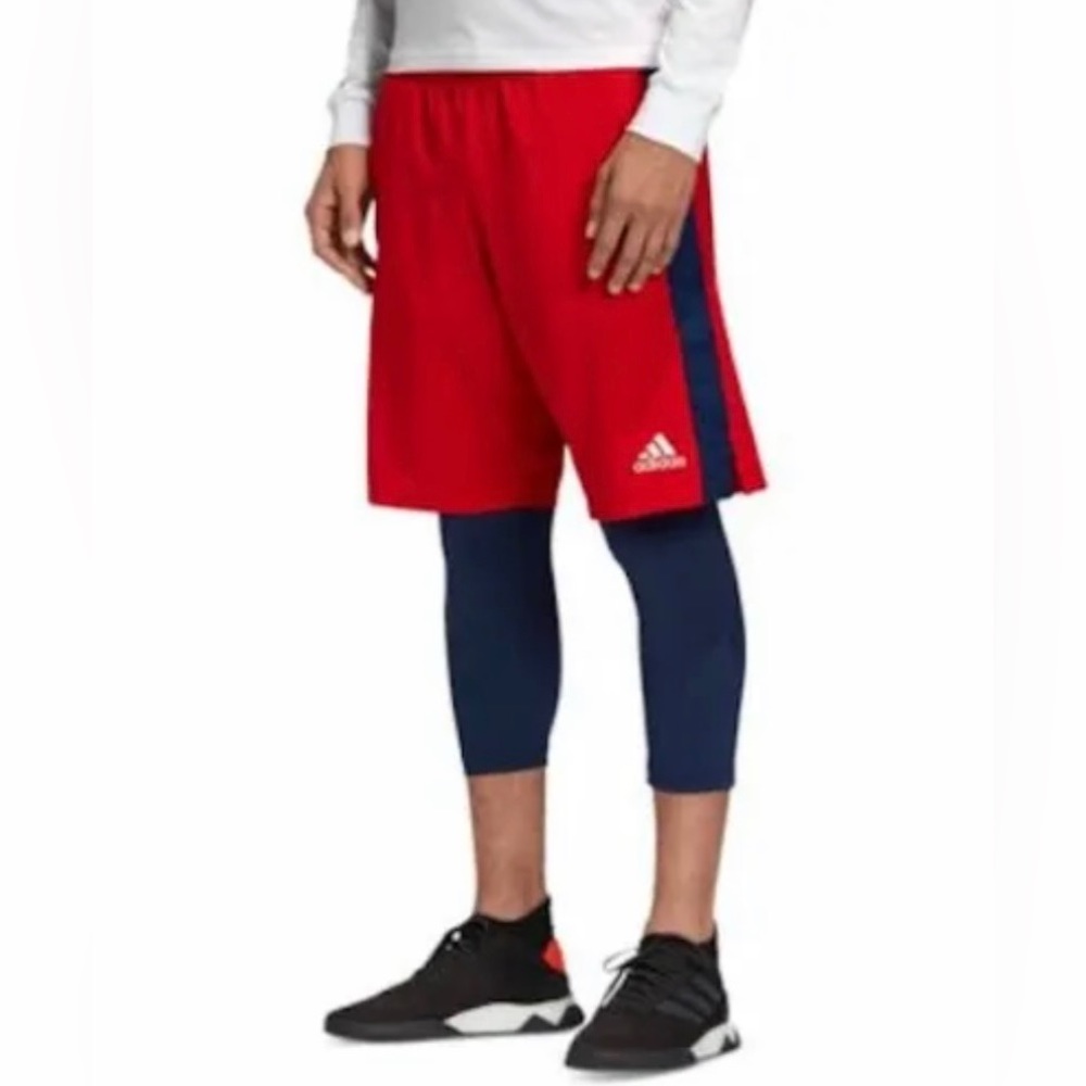 ADIDAS Layered Look Tan Soccer Athletic Shorts with Tights Red/Navy Small